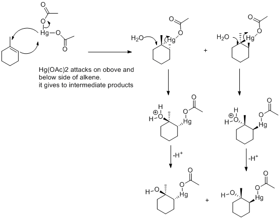 H20C H20Hg Hg(OAc)2 attacks on obove and below side of alkene. it gives to intermediate products H-O. но на + H-01