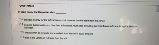 QUESTION 22 In plant roots, the Casparian strip O provides energy for the active transport of minerals into the stele from th