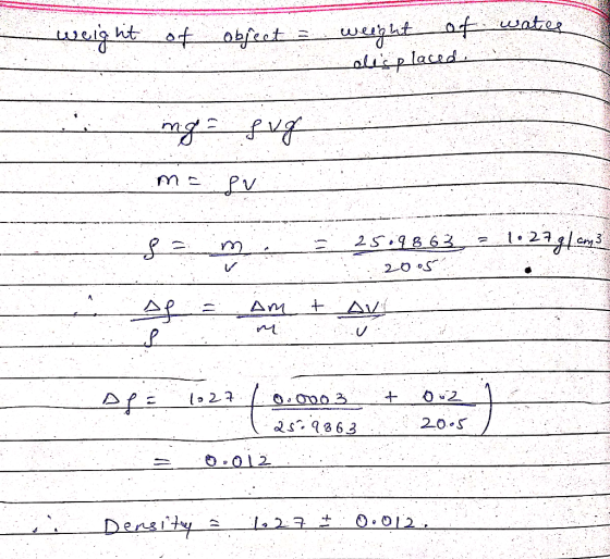 weight of object = weight of water oles placed ng jug m= pv Sam 25.98 63 25:9863. - 1.2781 cm3 = 1.27 g/cm3 i 2005 1927. 10.