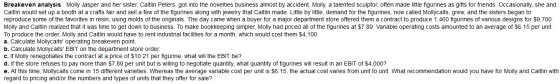 Breakeven analysis Molly Jasper and her sister, Caitlin Peters, got into the novelties business almost by accident. Molly, a