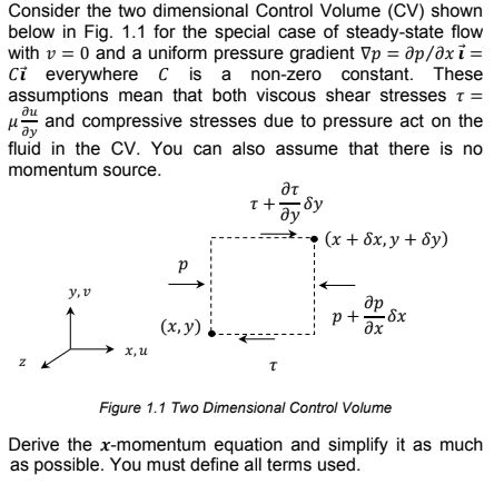 Consider the two dimensional Control Volume (CV) shown below in Fig. 1.1 for the special case of steady-state flow with v = 0