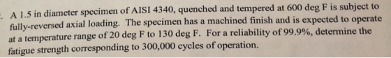 A 1.5 in diameter specimen of AISI 4340, quenched and tempered at 600 deg F is subject to fullyv-reversed axial loading. The