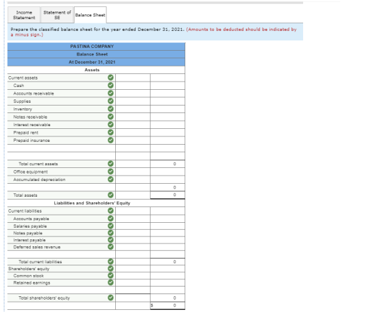 Income Statement Statement of SE Balance Sheet Prepare the classified balance sheet for the year ended December 31, 2021. (Am
