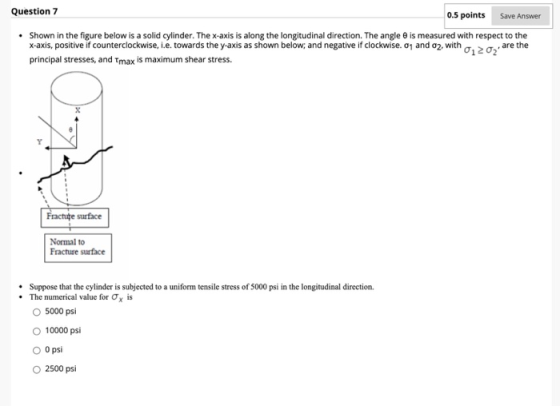 Question 7 0.5 points Save Answer . Shown in the figure below is a solid cylinder. The x-axis is along the longitudinal direc