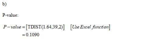 b) P-value: P-value = [TDIST(1.64,39,2)] [Use Excel function] = 0.1090