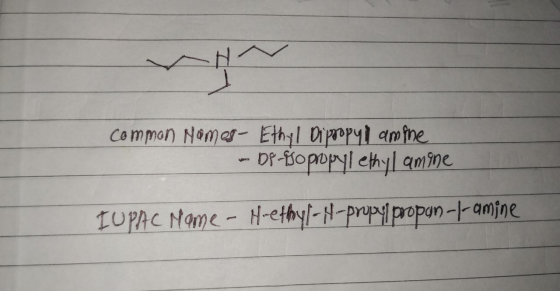common Nomes- Ethyl Dipropyl amine - Dr-Esopropyl ethyl amone IUPAC Name - Hethyl-4-propylpropan-t-amine