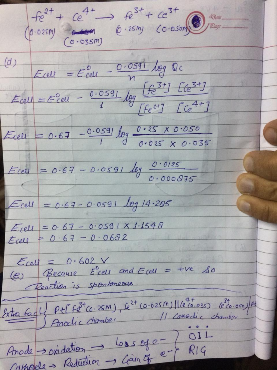 fe2+ + Cett (0.025m Co.035m) fe3+ + Cest 0.25m) co-osomy Ray Ecell = Ecel -0.0591 log Qc cell = t cell Ecell = Fielu - 0.0591