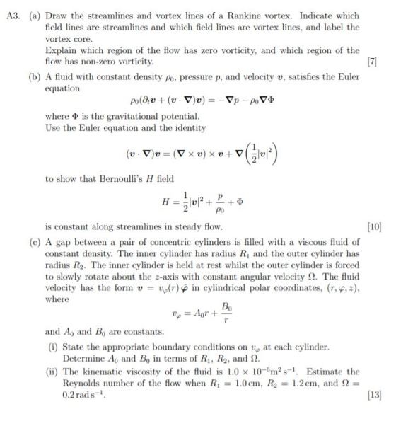 [7] A3. (a) Draw the streamlines and vortex lines of a Rankine vortex. Indicate which field lines are streamlines and which f