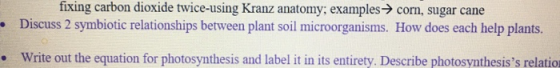 fixing carbon dioxide twice-using Kranz anatomy, examples corn, sugar cane Discuss 2 symbiotic relationships between plant so