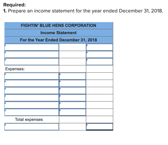 Required: 1. Prepare an income statement for the year ended December 31, 2018. FIGHTIN BLUE HENS CORPORATION ! Income Statem
