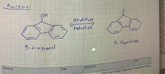 ReaCtion OH Odator reductisn 1-luoredol 9-4luorenone Date Signature Witness/TA Date Note: Insert Divider Under Copy Sheet Bef