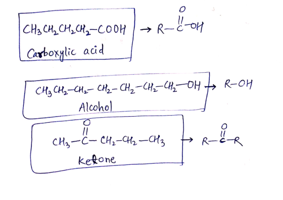 CHs CH, CH, сH,-с00и R- Carboxylic acid CH3 CH-CHCH- CH2-CHCHOH Alcohol R-OH // CH,-с- сн-сн, — Снз kefone