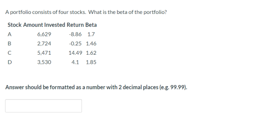 A portfolio consists of four stocks. What is the beta of the portfolio? Stock Amount Invested Return Beta 6,629 A -8.86 1.7 0