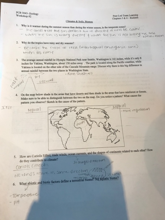 PCB 3043- Ecology Workshop 2 1. Peer Led Team Learning Chapter 5 & 6-Rickles Climates & Soils Biomes Why is it warmer during