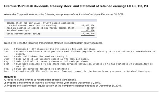 Exercise 11-21 Cash dividends, treasury stock, and statement of retained earnings LO C3, P2, P3 Alexander Corporation reports
