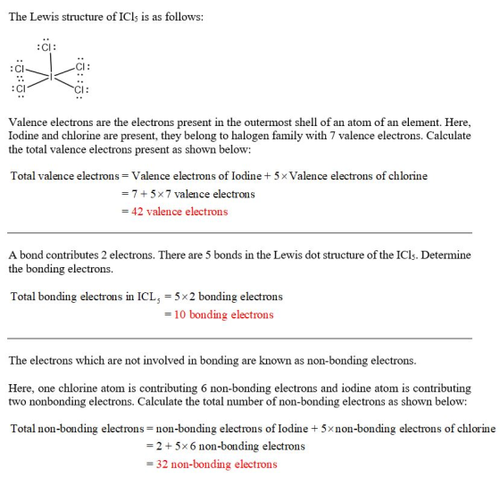 The Lewis structure of ICls is as follows: : Cl :CI Valence electrons are the electrons present in the outermost shell of an atom of an element. Here, Iodine and chlorine are present, they belong to halogen family with 7 valence electrons. Calculate the total valence electrons present as shown belowe Total valence electrons Valence electrons of Iodine + 5 x Valence electrons of chlorine -7 +5x7 valence electrons -42 valence electrons A bond contributes 2 electrons. There are 5 bonds in the Lewis dot structure of the ICls. Determine the bonding electrons. Total bonding electrons in ICL5 5x2 bonding electrons 10 bonding electrons The electrons which are not involved in bonding are known as non-bonding electrons Here, one chlorine atom is contributing 6 non-bonding electrons and iodine atom is contributing two nonbonding electrons. Calculate the total number of non-bonding electrons as shown below: Total non-bonding electrons non-bonding electrons of Iodine + 5x non-bonding electrons of chlorine - 2 +5x 6 non-bonding electrons 32 non-bonding electrons