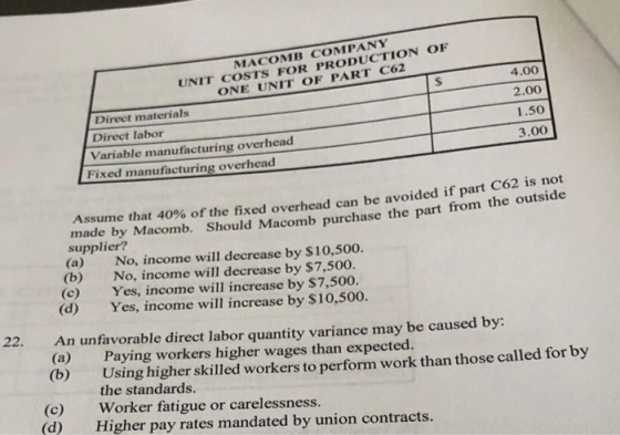 MACOMB COMPANY UNIT COSTS FOR PRODUCTION OF ONE UNIT OF PART C62 4.00 2.00 1.50 3.00 Direct materials Direct labor Variable m