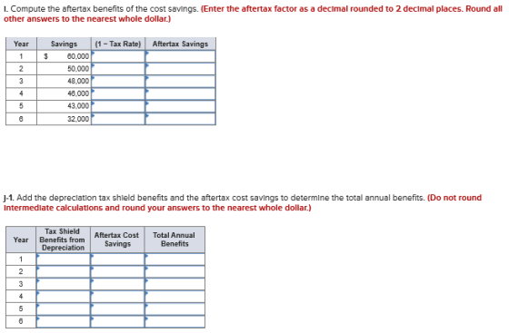 1. Compute the aftertax benefits of the cost savings. (Enter the aftertax factor as a decimal rounded to 2 decimal places. Ro