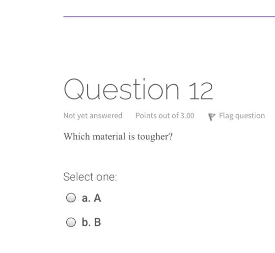 Question 12 Not yet answered Points out of 3.00 P Flag question Which material is tougher? Select one: O a. A O b. B