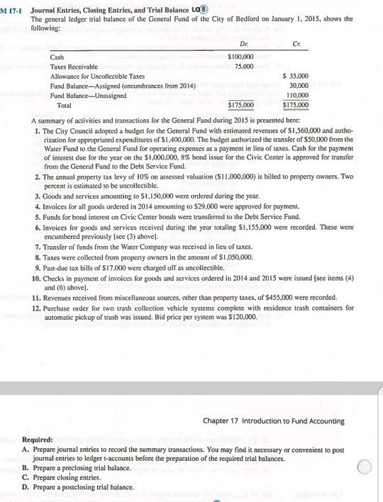 M 17-1 Journal Entries, Closing Entries, and Trial Balance LOS The general ledger trial balance of the General Fund of the Ci