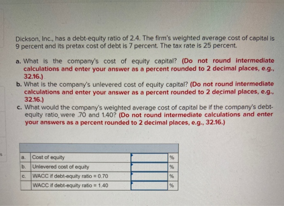 Dickson, Inc., has a debt-equity ratio of 2.4. The firms weighted average cost of capital is 9 percent and its pretax cost o