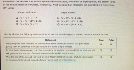 Assume that the variables I, N, and PV represent the interest rate, investment or deposit period, and present value of the am