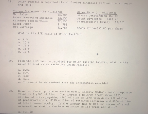 18. Union Pacifics reported the following financial information at year- end 2014: Income Statement (in Millions) Net Sales