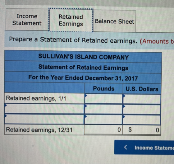 Income Retained Balance Sheet Statement Earnings Prepare a Statement of Retained earnings. (Amounts te SULLIVANS ISLAND COMP
