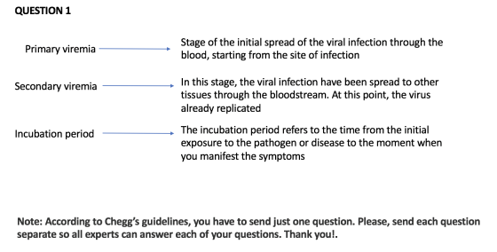 QUESTION 1 Primary viremia Stage of the initial spread of the viral infection through the blood, starting from the site of in
