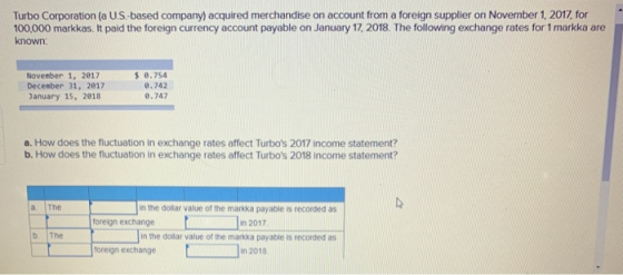 Turbo Corporation (a U.S.-based company) acquired merchandise on account from a foreign supplier on November 1, 2017, for 100