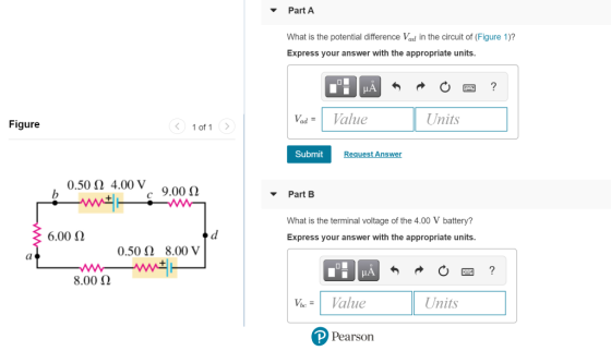 Part A What is the potential difference Vad in the circuit of (Figure 1)? Express your answer with the appropriate units. КА