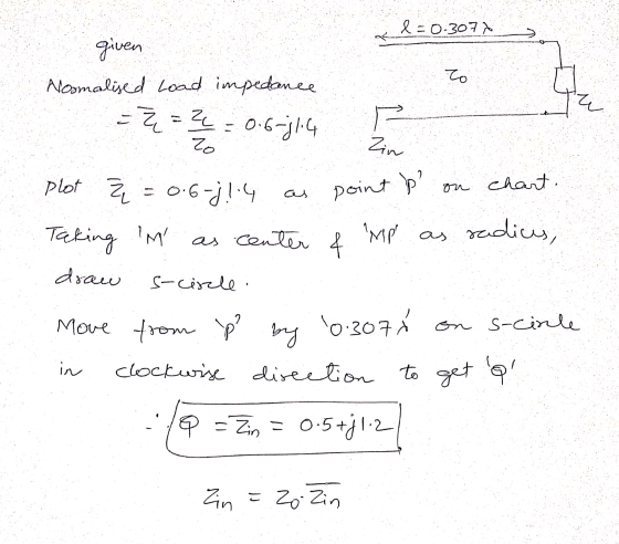 2=0.3077 given Noomalised Load impedance to = z = 2 = 0.6-j1:4 F Zin Zo as point p? on chart. Taking in plot q = 0.6-j!.4 as