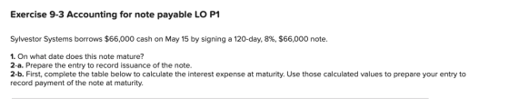 Exercise 9-3 Accounting for note payable LO P1 Sylvestor Systems borrows $66,000 cash on May 15 by signing a 120-day, 8%, $66