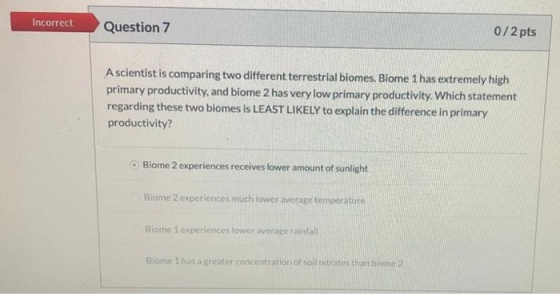 Incorrect Question 7 0/2 pts A scientist is comparing two different terrestrial biomes. Biome 1 has extremely high primary pr