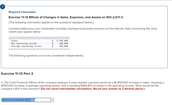 Required information Exercise 11-13 Effects of Changes in Sales, Expenses, and Assets on ROI (LO11-1] [The following informat