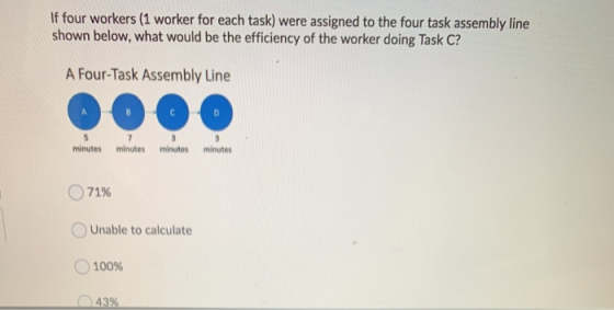 If four workers (1 worker for each task) were assigned to the four task assembly line shown below, what would be the efficien