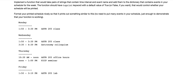 Implement a function that would take pairs of strings that contain time interval and event name and add them to the dictionar