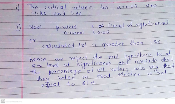 for L=0.05 are i) The critical values and 1.96 -1.96 j) Now p-value ex (level of significance) O ooool Lo.05 calculated Izl i