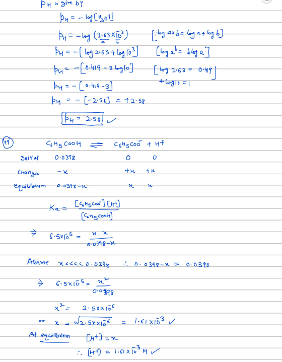 phu give by При = -lba Cot] Bu =-lag (2163Xčo?) [iky axbelog at lg 6] PH=-{log 2063 + log [03] [log ab = bloga] pu= -(0.419 -