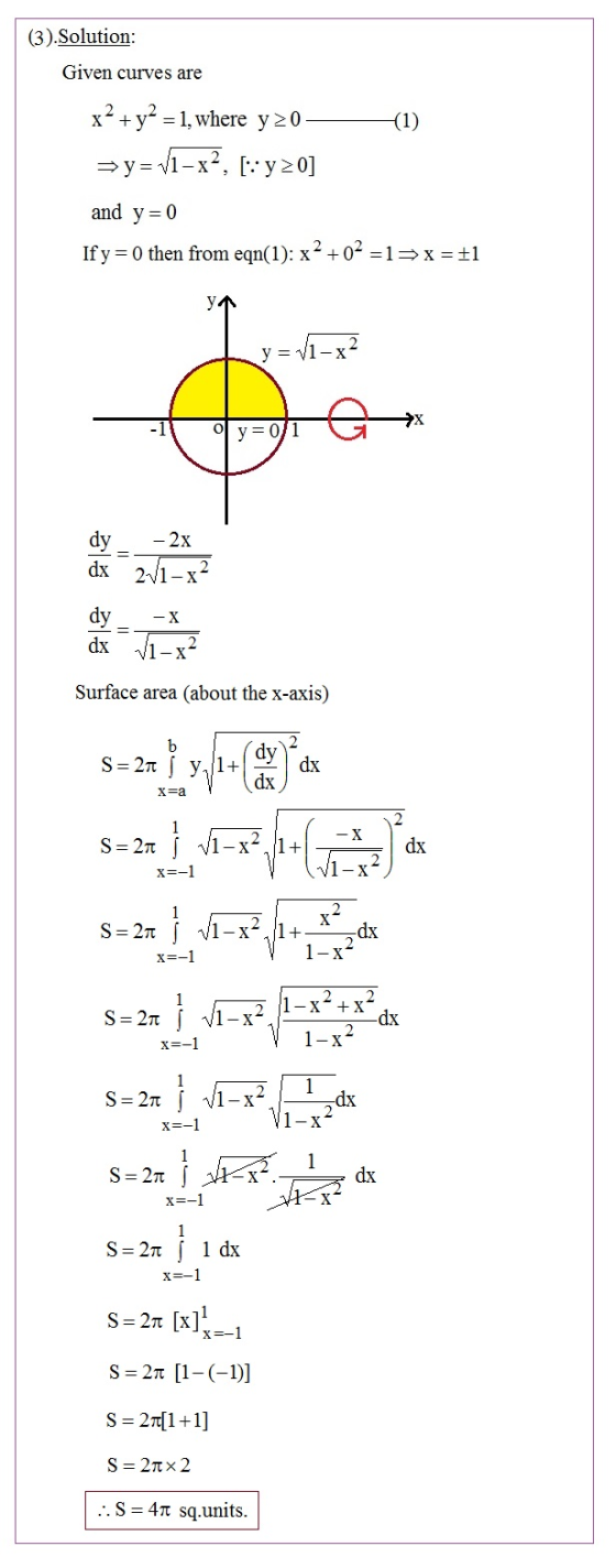 (3).Solution: Given curves are x² + y2 = 1, where y20 (1) =y=v1-x?, [:y20] and y=0 If y=0 then from eqn(1): x2 + 02 =1= x=1 y