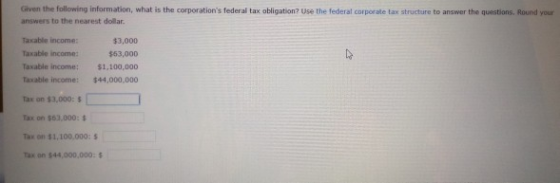 Given the following information, what is the corporations federal tax obligation? Use the federal corporate tax structure to