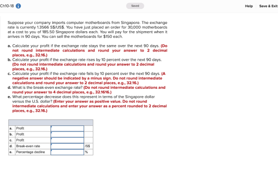 Ch10-18 i Saved Help Save & Exit Suppose your company imports computer motherboards from Singapore. The exchange rate is curr