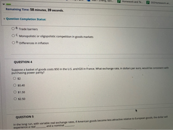 cheng, Sen... P Homework and Te... P 202 Homework an Remaining Time: 58 minutes, 39 seconds. Question Completion Status: B. T