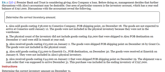 E6.1 (LO 1) Premier Bank and Trust is considering giving Alou Company a loan. Before doing so, management decides that furthe