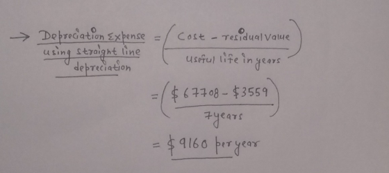 - cost - residual value Depreciation Expense using straight line depreciation useful life in years $ 67708 - $3559 7 years =