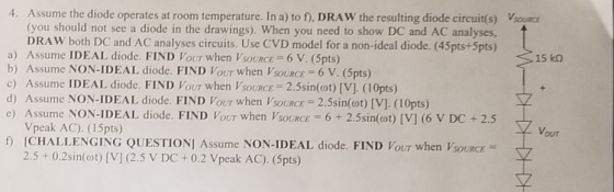 4. Assume the diode operates at room temperature. In a) to f), DRAW the resulting diode circuit(s) VsouRCE (you should not se