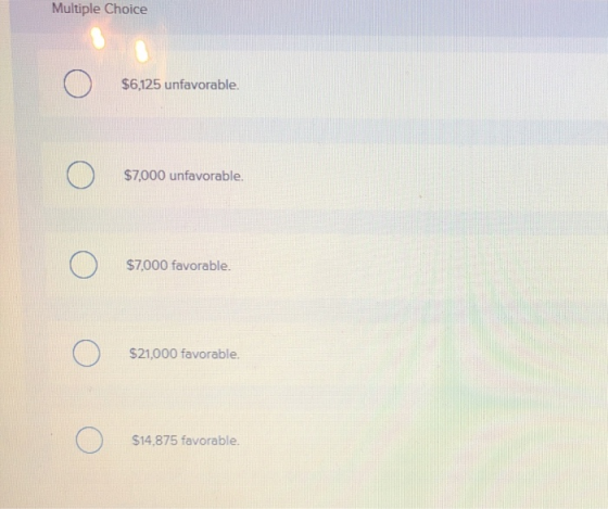 Multiple Choice Ο $6,125 unfavorable. Ο $7,000 unfavorable. Ο $7,000 favorable. Ο $21,000 favorable. Ο $14.875 favorable.