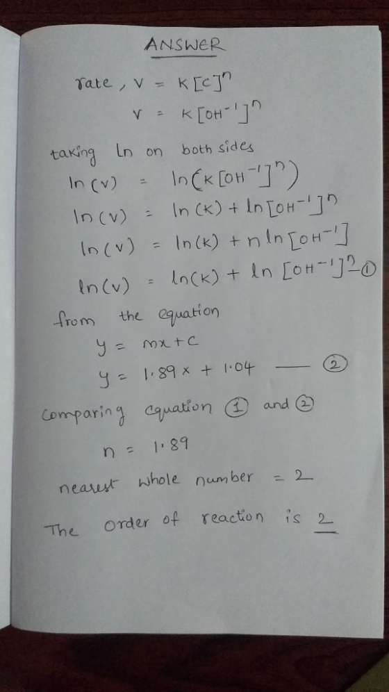 ANSWeR OH-17 taxing Ln on both sides In (v) In(K [OH-]) . rom the equation comparing agnation ① and@ n189 neau whole number The order of reacton is 2
