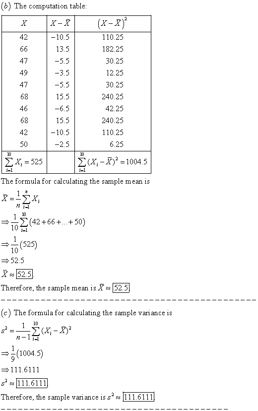 (b) The computation table 10.5 13.5 5.5 3.5 5.5 15.5 6.5 15.5 10.5 2.5 42 110.25 182.25 30.25 12.25 30.25 240.25 42.25 240.25 110.25 6.25 49 68 68 50 10 10 Σ X, 525 (x-x)-1004.5 The formula for calculating the sample mean is Σ(42+66 + +50) (525 10 52.5 x 152.5 Therefore, the sample mean is X52.5 c) The formula for calculating the sample variance is 10 (1004.5) s 111.6111 Therefore, the sample variance is s111.6111