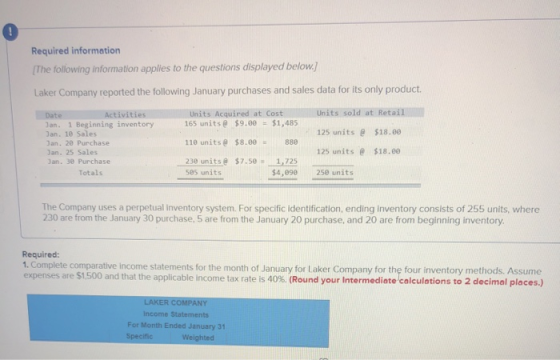 Required information (The following information applies to the questions displayed below.] Laker Company reported the followi